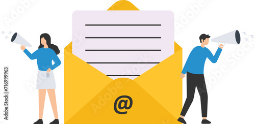 Email marketing, CRM, Subscription on web and sending email newsletter, Discount or promotion information, Standing in email envelope, Announcing promotion through megaphone
