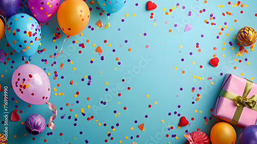 Vibrant Balloons and Confetti on Blue Background Photo