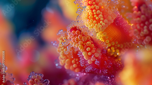 Macro shot corals  in bright colors with water drops  extreme close-up