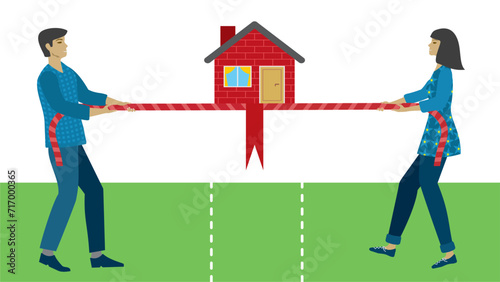 Man and woman in tug-of-war competition of a house. Dragging rope with flag and house. Dimension 16:9. Vector illustration.