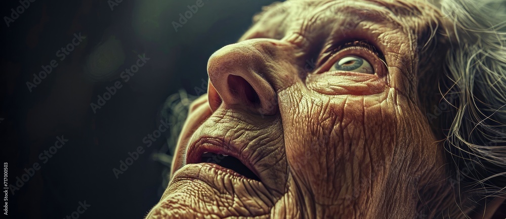 An aging mammal, etched with wrinkles and wisdom, gazes into the camera with a serene yet haunting expression on her weathered face