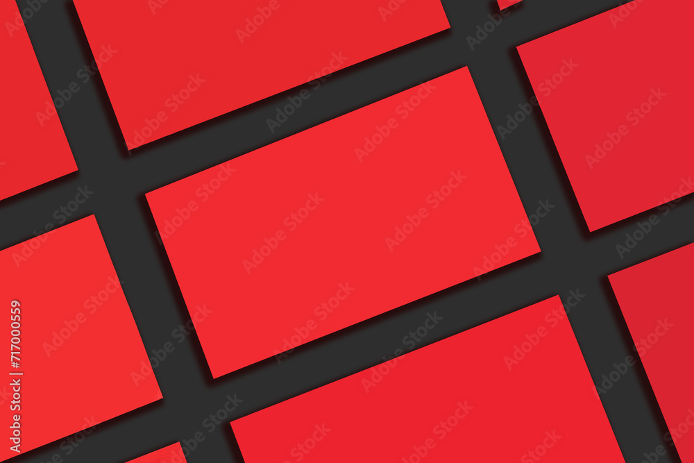 Mockup of horizontal red business cards stacks arranged in rows at Black textured paper background.