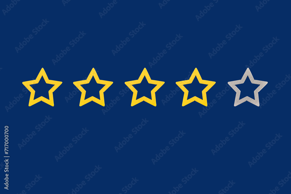 Gold, gray, silver five star shape on a blue background. The best excellent business services rating customer experience concept. Increase rating or ranking, evaluation and classification idea. Gold, gray, silver five star shape on a blue background. The best excellent business services rating customer experience concept. Increase rating or ranking, evaluation and classification idea.