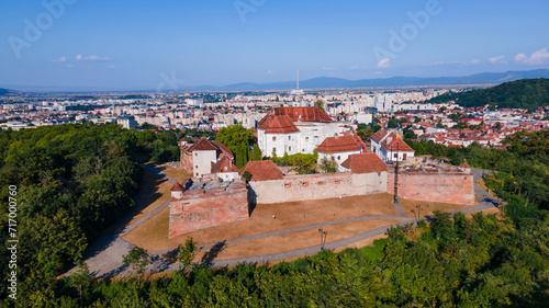 Landscape photography of the modern star shaped fortification in Brasov, Romania. Photography was taken from a drone at a lower altitude with camera level for a panoramic still of the bastion.