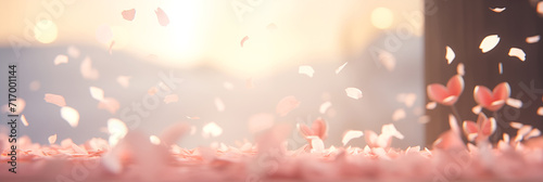 Blurred cherry blossoms and petals against warm sunset banner, defocused dreamy spring ambiance. Panoramic web header. Wide screen wallpaper photo