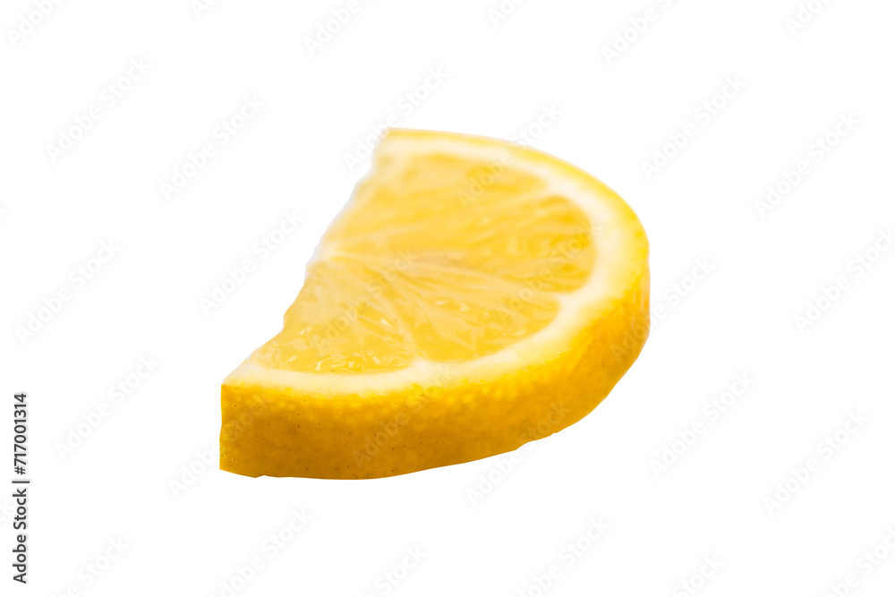 One slice of lemon citrus fruit isolated on white background. Lemon slice with shadow. One slice of lemon citrus fruit isolated on white background. Lemon slice with shadow.
