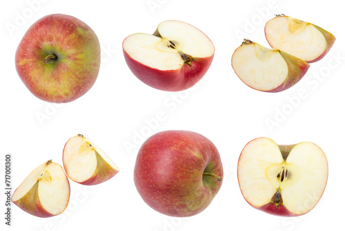 Set of fresh whole and cut apple and slices isolated on white background. From top view.