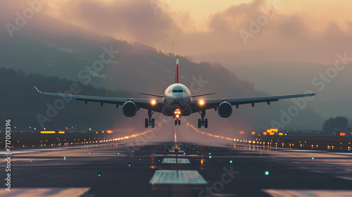 Commercial airplane landing at sunset, front view