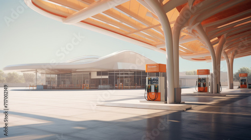 Sunlit petrol station with Peach Fuzz color, minimalist background