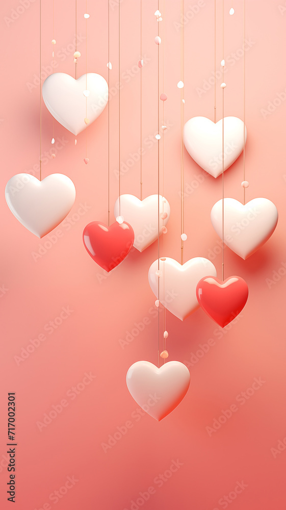 White and red glossy hearts on coral peach background. Valentine's Day card