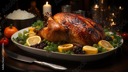 Festive celebration roasted turkey with gravy for