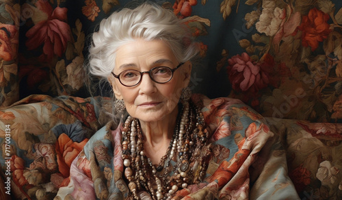 old lady adorned in luxurious fabrics, symbolizing the intersection of age and style.