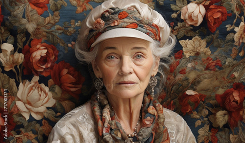 old lady adorned in luxurious fabrics, symbolizing the intersection of age and style.
