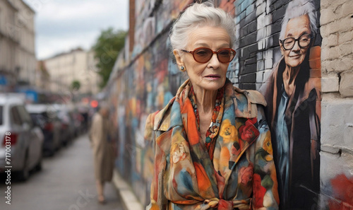 old lady adorned in luxurious fabrics, symbolizing the intersection of age and style. © Mishuk
