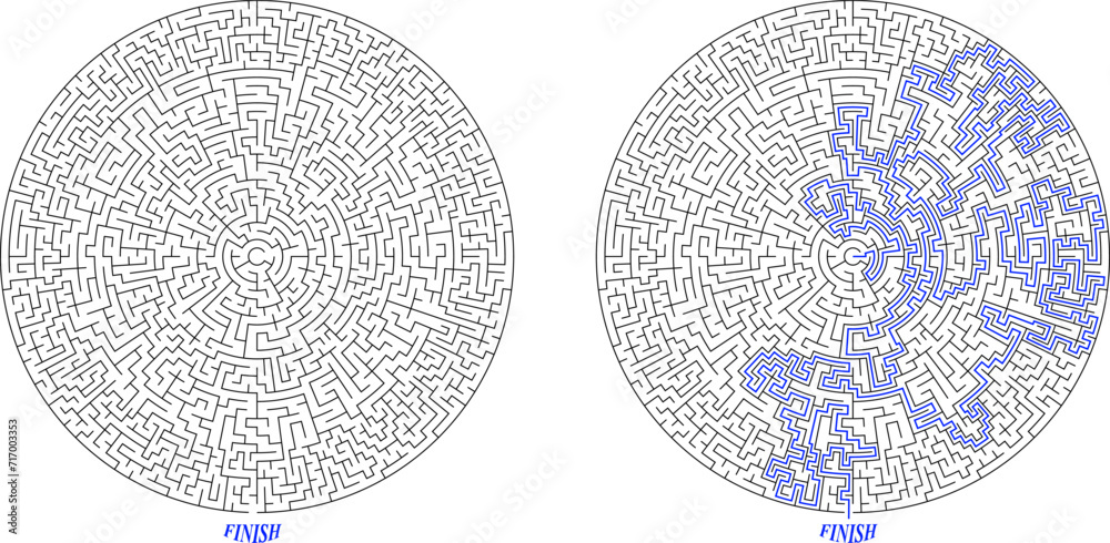Large round complex labirinth. Vector circular maze. Difficult ...