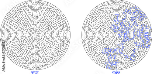 Large round complex labirinth. Vector circular maze. Difficult education puzzle with task to find the way out of the maze. Escape from center riddle. Solution included