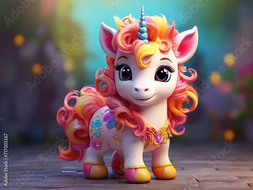 Affectionate beautiful little pink unicorn mascot-a girl with a colored mane and charming big eyes, 3D © Igor Voron