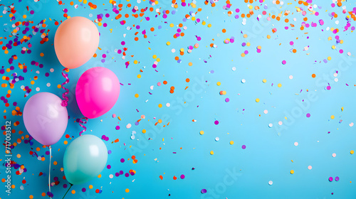 Colorful Balloons and Confetti on Blue Background