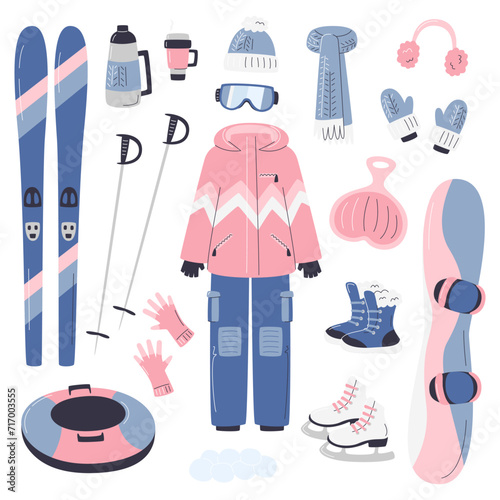 Cute winter vacation activities collection isolated. Outdoor sports and games inventory set. Snowboarding and ski resort. Season and holidays. Snow sports equipment hand drawn flat vector illustration