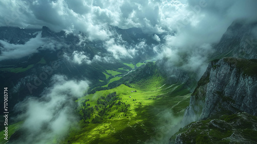 Green landscape with mountains and clouds. 