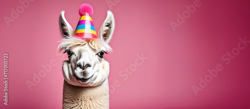 funny llama in a cap, April Fool's Day, on a pink background, banner, place for text photo