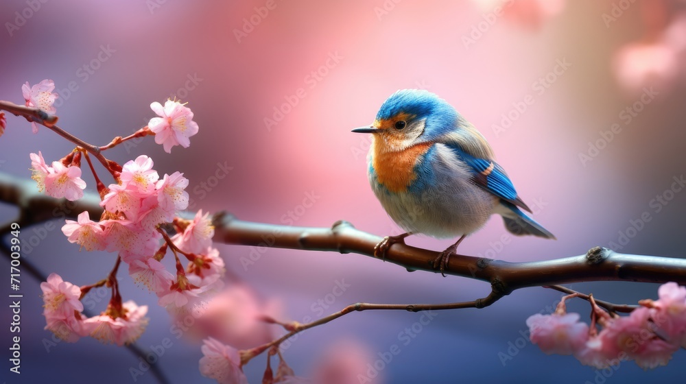 Bird sitting on branch of blossom cherry tree. Springtime. Natural background Bird sitting on branch of blossom cherry tree. Springtime. Natural background