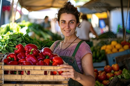 Ai ragazza del banco di frutta e verdura al mercato 02 photo