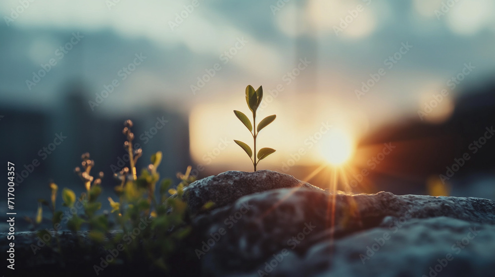 the plant grows in the stone. victory over the difficulties of life, motivation to achieve goals of success, personal growth. Concept of success and achieving goals - obrazy, fototapety, plakaty 
