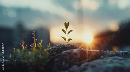 the plant grows in the stone. victory over the difficulties of life, motivation to achieve goals of success, personal growth. Concept of success and achieving goals photo