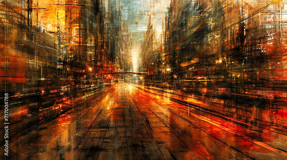 Artistic Cityscape at Night: Urban Street Scene Captured in a Vibrant Painting with Abstract Watercolor and Oil Techniques, Reflecting the Citys Energy