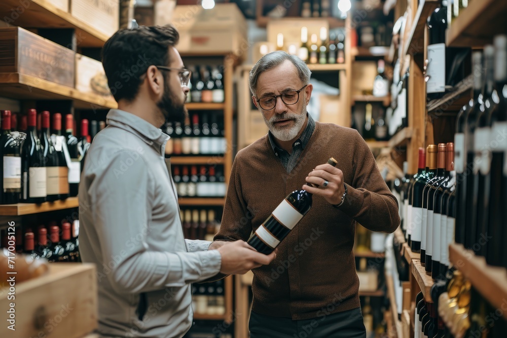 in a wine boutique, a cavist tells a buyer about wine while holding a bottle of wine in his hands