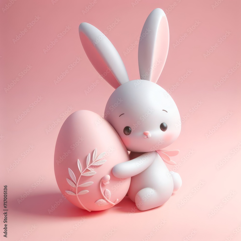 Obraz premium Cute fluffy white Easter bunny hugs a pastel pink egg on a pastel pink background. Easter holiday concept in minimalism style. Fashion monochromatic composition. Copy space for design.