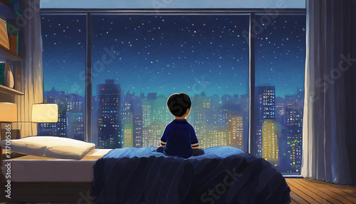 boy sits alone in his room on the bed and looks at the bright big city through a large window, lonliness photo
