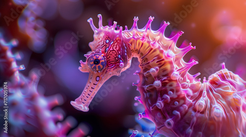 Macro shot a Seahorse, in bright colors with water drops, extreme close-up