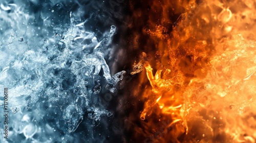 Vibrant depiction of the contrast between fire and ice wallpaper. Cold blue frozen ice, melting over hot red fire. © PaulShlykov