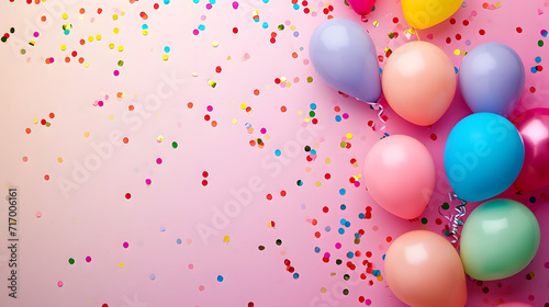 Colorful Balloons and Confetti on a Pink Background     Celebratory Party Supplies