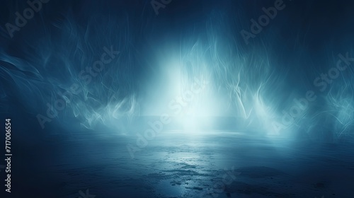 Dark blue background fog and light on floor. Mystical mist. smoke in dark room. Banner show product