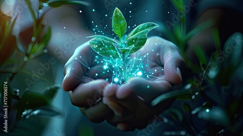 Tender plant growing in hands with holographic inforgraphics photo