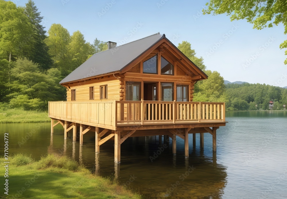 Obraz premium Wooden house with terrace over lake