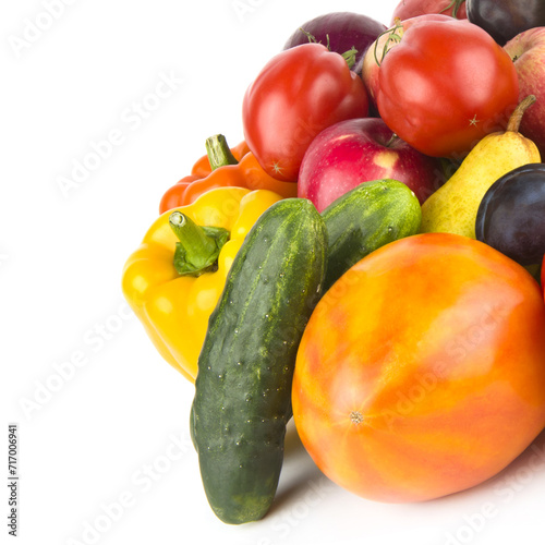 Set of vegetables and fruits isolated on white. Free space for text.