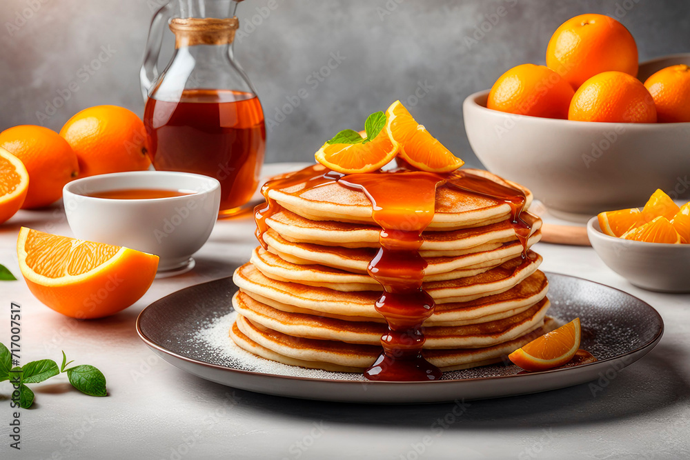 Crepes, thin pancakes pancakes with with orange syrup and fresh orange on gray background.