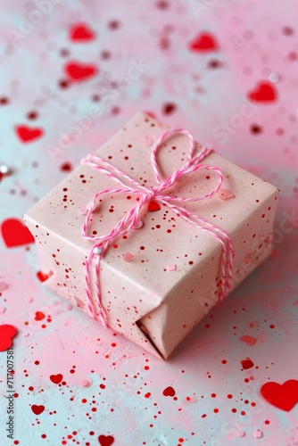 Close up pink gift on pastel pink background among heart-shaped confetti. Valentine's day, romance, love, wedding anniversary concept with copy space. © Sunny