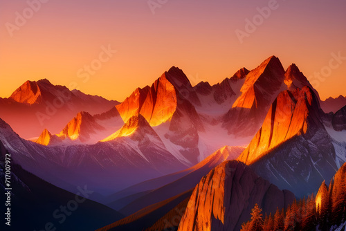 A mountain range at sunrise, with golden light illuminating the peaks © Iskandar