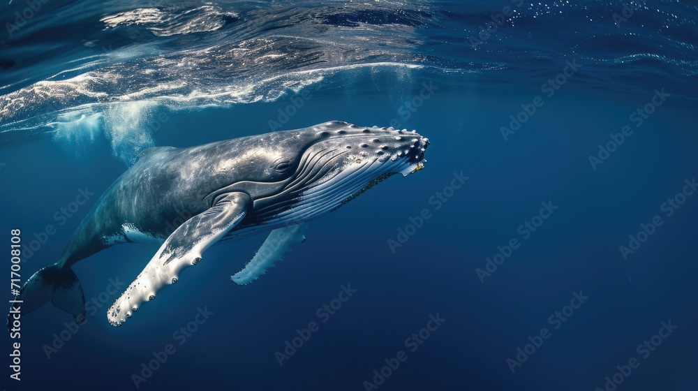 Naklejka premium Humpback Whale Swimming in the Deep Blue Ocean