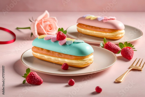 Holiday design Valentine with pastel toned eclair silke leffler on a light background. photo