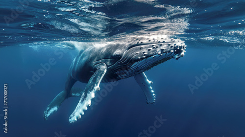 Humpback Whale Swimming in the Deep Blue Ocean © romanets_v