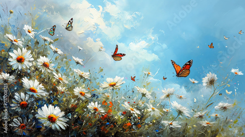 impressionist minimalist painting with few details  an old oil painting of daisies and butterflies under a blue sky  dark white  acrylic art