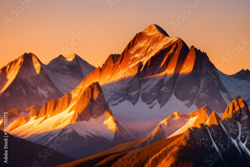 A mountain range at sunrise, with golden light illuminating the peaks