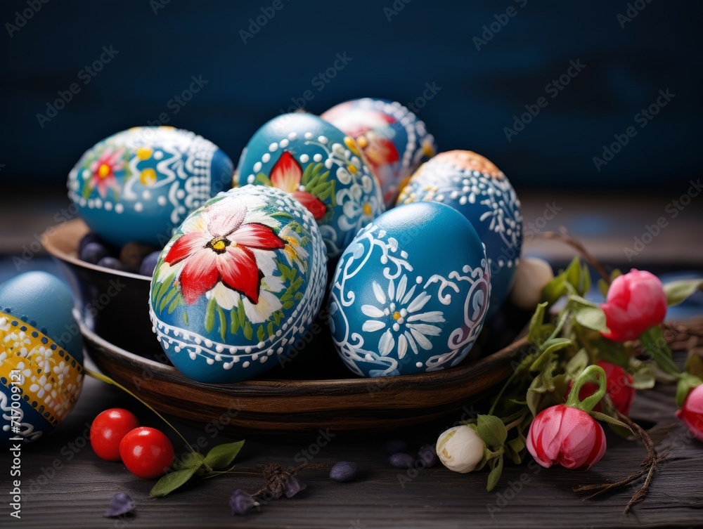 Easter eggs, nests and flowers background Easter eggs, nests and flowers background