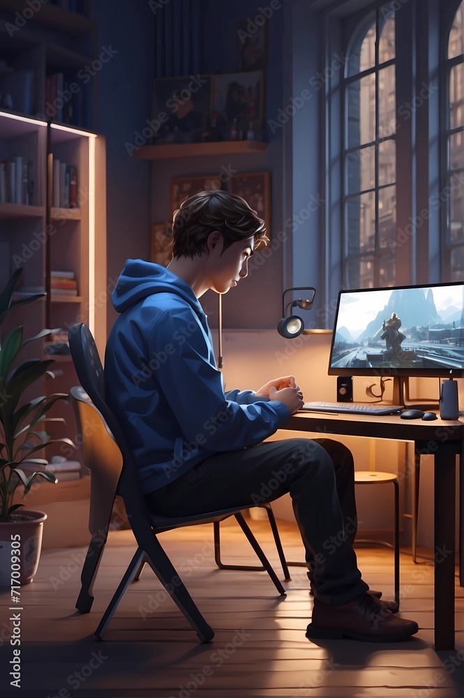 Illustration of a person playing computer games in their home. Generated by AI